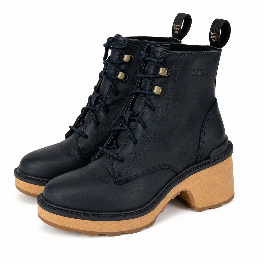 Sorel Hi-Line Heel Lace Boots Women Sz 8 Black Leather Ankle Block Heel - Picture 1 of 9
